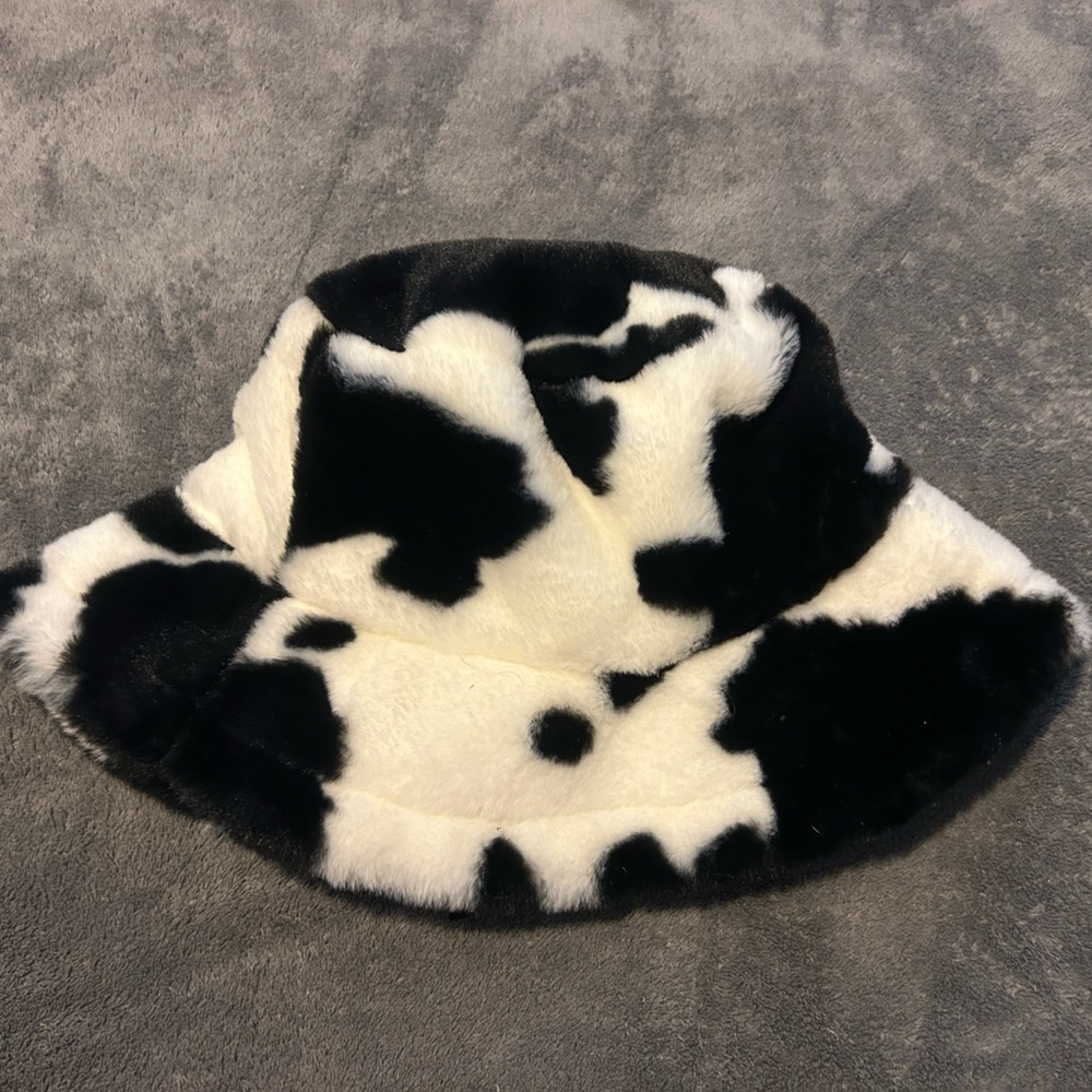 Cow Print Faux Fur Bucket Hat